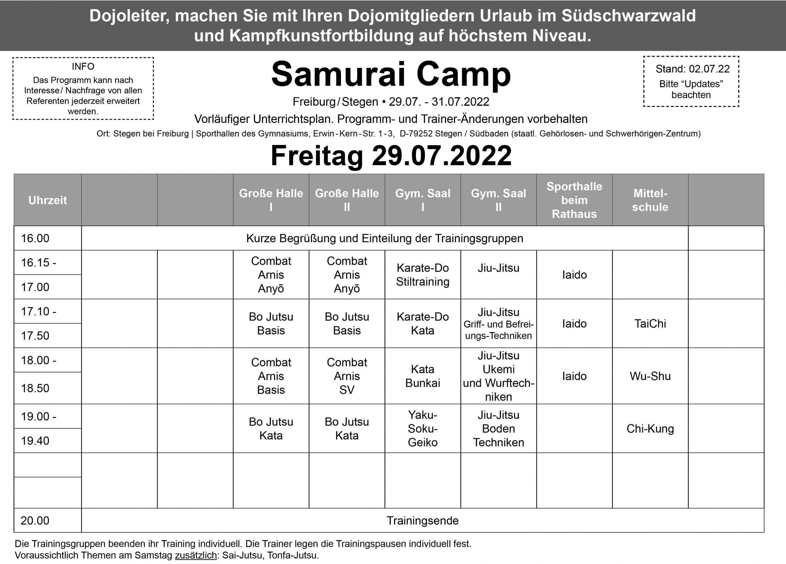 Samurai camp Stundenplan